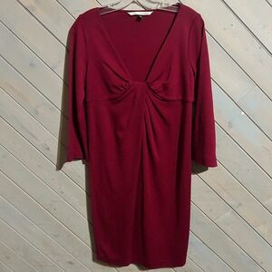 Burgundy Knot Front Long Sleeve Stretch Dress Casual Career‎